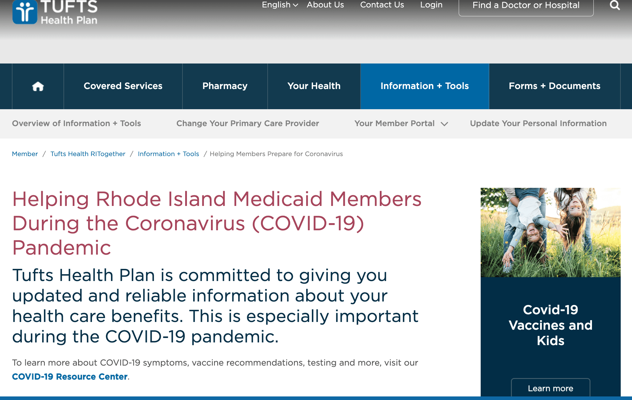 COVID-19 information on the Tufts Health Plan RITogether COVID-19 information page.